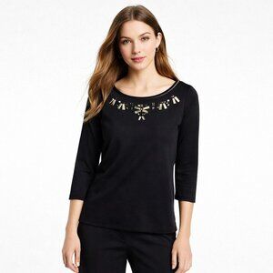 Ann Taylor Black Jeweled Neckline 3/4 Sleeve Blouse Top Workwear Chic Size Small